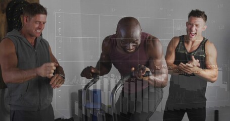 Straining fit man pushing vertical climber machine in gym, with clapping partners metrics overlay