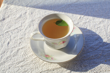 Hot tea with mint leaf in white luxury cup on wooden tray under sunlight. Morning breakfast for health or herbal.
