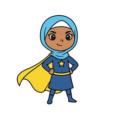 Brave Muslim superhero girl in a blue hijab and yellow cape standing in a powerful pose. A cartoon illustration representing diversity, strength, and empowerment