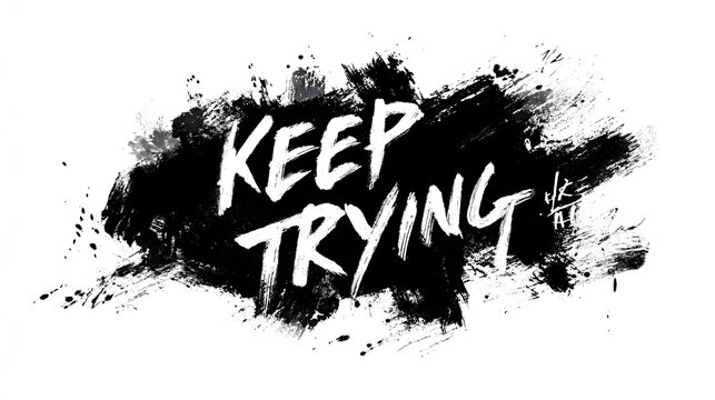Keep trying motivational text with black ink brush splash background.