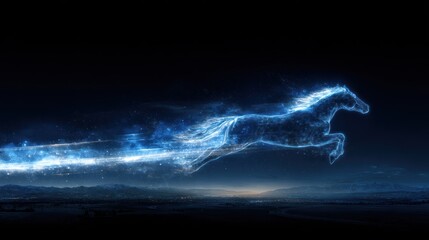 A luminous horse silhouette leaps across a dark night sky.  Glowing blue trails follow its form