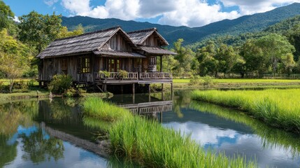 Fototapeta premium Wooden house overlooking rice paddies