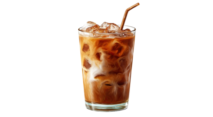 Iced coffee drink in a glass with ice cubes and a straw