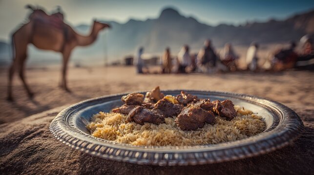Traditional kabsa feast with rice and grilled meat served in desert setting.