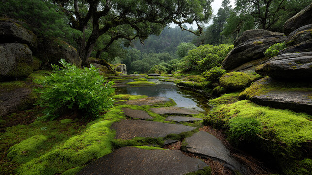 Moss-covered flagstone path by forest stream, natural scenery for wallpapers, posters, and nature-themed designs