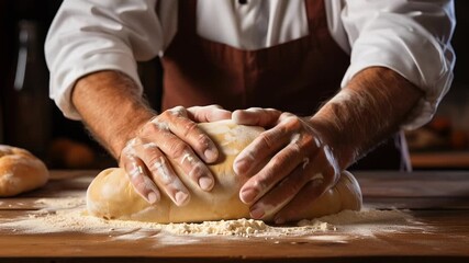 Close up baker kneading dough on floured wooden table. Video. - Powered by Adobe