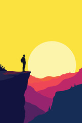 Hiker Standing on Mountain Cliff at Sunset &ndash; Adventure, Travel and Landscape Vector Illustration