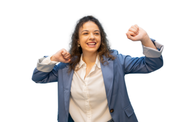 Excited businesswoman celebrating success with raised arms and cheerful smile, isolated on transparent background