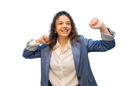 Excited businesswoman celebrating success with raised arms and cheerful smile, isolated on transparent background