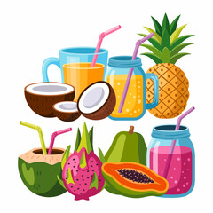 This appealing composition highlights an exciting array of tropical drinks paired with vibrant fruits, reflecting the energetic essence of summer indulgence and fresh flavors.