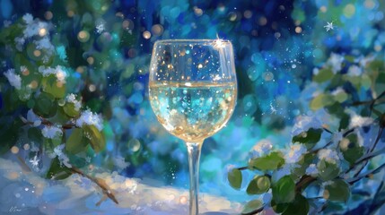 Sparkling wine glass in a wintery, ethereal landscape