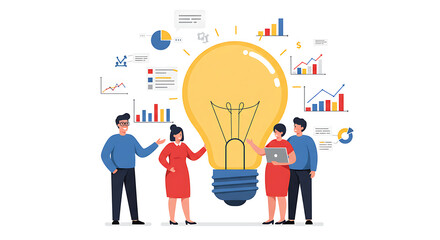 Team Brainstorming Business Idea Light Bulb Flat Art Isolated on White Background