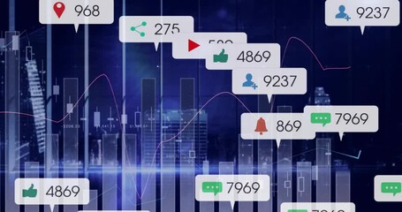 Digital haze revealing rising bars with animating candlestick, appearing icons updating market data - Powered by Adobe