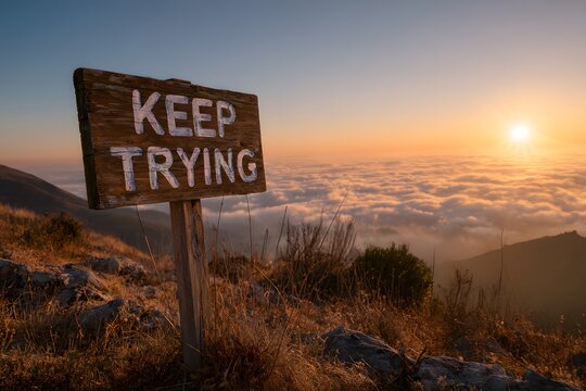 Motivational keep trying sign on mountain at sunrise.