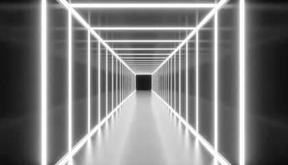 A glowing white neon-lit corridor disappears into the darkness. Straight lines and perfect symmetry create a futuristic effect