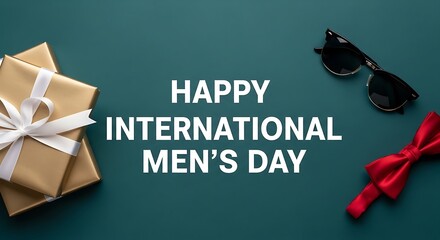Happy international mens day graphic with gifts, sunglasses, and a bow tie, celebrating men on november 19th