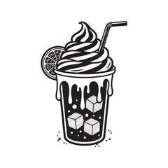 Iced coffee or soda float with whipped cream and lemon slice, black and white graphic vector illustration.
