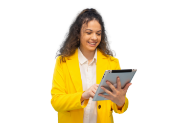 Young businesswoman in a yellow jacket, happily using a digital tablet, immersed in work against a transparent background