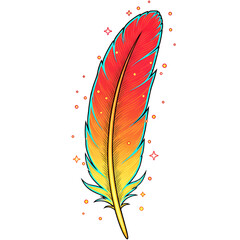 Vibrant, multicolored feather illustration with sparkling stars, perfect for artistic and creative projects
