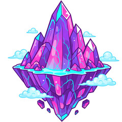 Vibrant Floating Crystal Island with Glowing Blue Water and Soft Clouds, Fantasy Digital Art