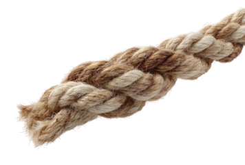 Close-up of a braided rope knot.  Beige and brown strands tightly interwoven