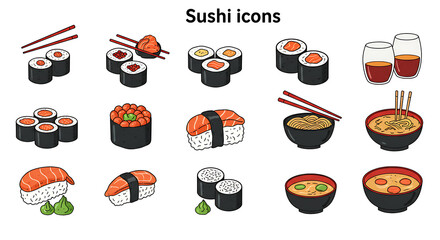 Sushi Icons Flat Art Isolated on White Background
