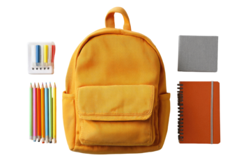 Backpack and school supplies arranged