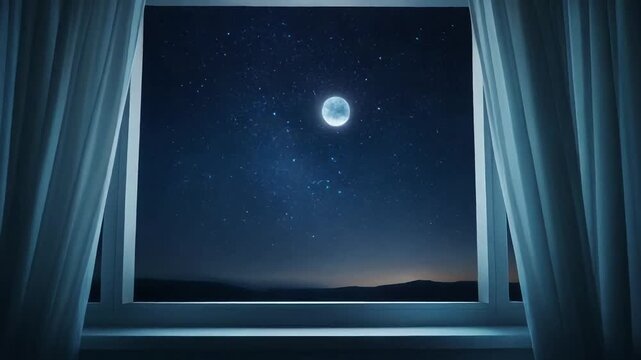 A breathtaking view of a full moon illuminating a starry night sky, seen through an open window with soft curtains, evoking peace and wonder