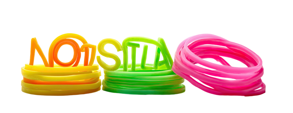 Multicolored, layered rings and text