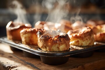 Close-up tray of Yorkshire puddings fresh from the oven with rising steam.