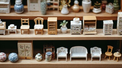 Miniature furniture and decorative items displayed on wooden shelves