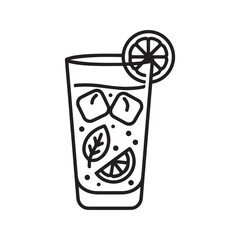 Refreshing cold drink with ice, lemon, and mint, line art icon vector
