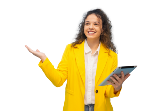 Smiling businesswoman in yellow jacket holding tablet and showing something on transparent background - Powered by Adobe