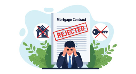 Flat illustration of a frustrated man with his head in hands in front of a rejected mortgage contract, symbolizing loan denial, financial stress, housing difficulties, and credit problems