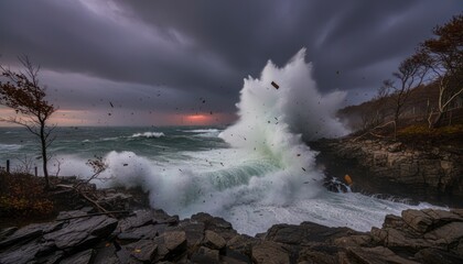 Storm Surge Breaking on Rocky Coast
