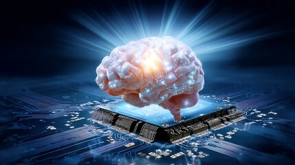 Brain with Microchip Concept Uniting Technology and Human Intelligence