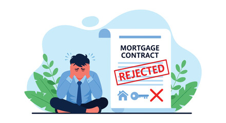 Flat illustration of a frustrated man with his head in hands in front of a rejected mortgage contract, symbolizing loan denial, financial stress, housing difficulties, and credit problems