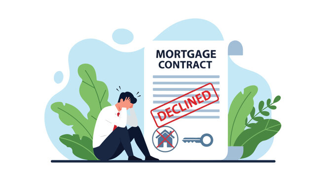 Flat illustration of a frustrated man with his head in hands in front of a rejected mortgage contract, symbolizing loan denial, financial stress, housing difficulties, and credit problems