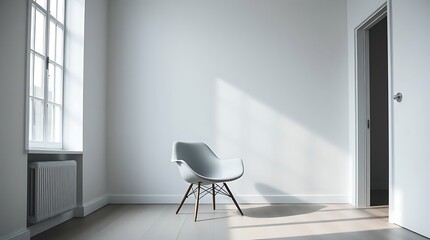 Modern chair sits in minimalist white room bathed in natural light, perfect for interior design inspiration