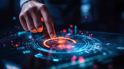 Man using futuristic touch screen interface with glowing circle and data visualization technology