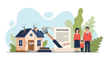 Fototapeta premium Flat illustration of a sad family facing home foreclosure due to unpaid mortgage debt, with a damaged house, gavel, and foreclosure notice symbolizing legal action, property loss, and financial crisis