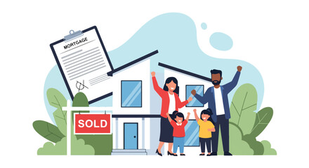 Flat illustration of a happy family celebrating in front of their new home with a sold sign and mortgage contract, symbolizing property purchase, real estate success, and financial stability