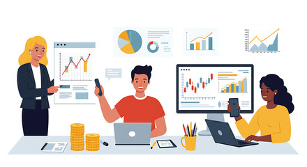 Fototapeta premium Business Team Analyzing Data Charts Graphs Flat Art Isolated on White Background