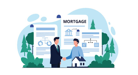 Flat illustration of two people shaking hands in front of a large mortgage agreement and house, symbolizing property purchase, home loans, real estate contracts, and successful financial partnerships