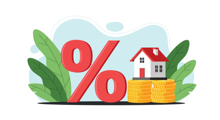 Flat illustration of a house on stacked coins with a large percentage sign, symbolizing mortgage interest rates, housing loans, property investment, and financial planning in real estate