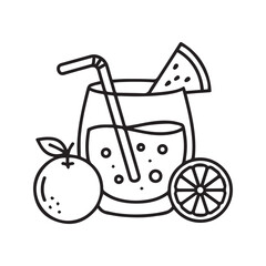 Summer fruit juice icon with watermelon and orange garnish, refreshing cold beverage line art vector