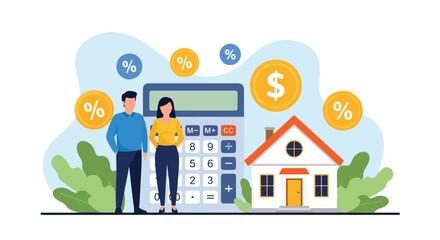 Flat illustration of a couple using a mortgage calculator with house, coins, and percentage signs, symbolizing loan planning, housing finance, interest rates, and property investment budgeting