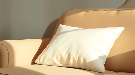 Modern beige couch with plush white pillow bathed in warm sunlight creates cozy inviting atmosphere for home decor