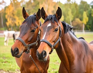 Obraz premium Two brown horses in a field