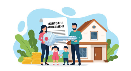 Flat illustration of a happy family holding a house key in front of a new home with mortgage agreement and coins, symbolizing real estate purchase, homeownership, savings, and financial planning